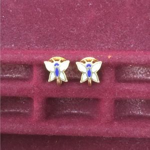 Adorable petite blue and green butterfly clip on earrings